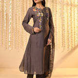 Dark Grey Floral Mul Chanderi Anarkali Set