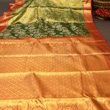 Olive Green Kanjivaram Silk Saree With Red-Gold Floral Border