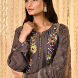 Dark Grey Floral Mul Chanderi Anarkali Set