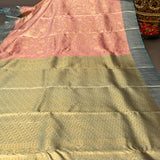 Kanjivaram Silk Saree In Rose Pink With Gold Zari Bird And Floral Jaal And Contrast Teal Gold Zari Border