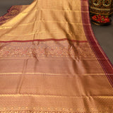 Gold Kanjivaram Silk Saree With Peacock Motif Border And Wine Pallu