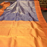 Navy Blue Kanjivaram Silk Saree With Gold Zari Border And Geometric Floral Weave