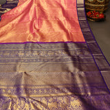 Coral Red Kanjivaram Silk Saree With Navy Peacock Zari Border