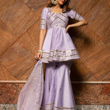 Lavender Cotton Indo Western Set With Gold Striped Peplum