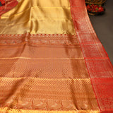 Golden Beige Kanjivaram Silk Saree With Red Woven Floral Border