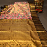 Pink Kanjivaram Silk Saree With Blue Floral Motifs And Black Zari Border