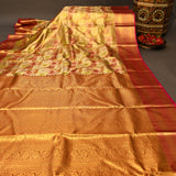 Contemporary Pale Champagne And Crimson Kanjivaram Silk Saree