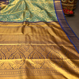 Sea Green Kanjivaram Silk Saree With Royal Blue Zari Paisley Borde