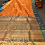 Orange Kanjivaram Silk Saree With Peacock Blue Bird Motif Border