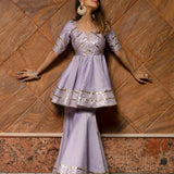 Lavender Cotton Indo Western Set With Gold Striped Peplum