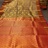 Grey Kanjivaram Silk Saree With Magenta Pallu And Gold Paisley Border