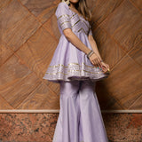 Lavender Cotton Indo Western Set With Gold Striped Peplum