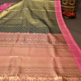 Olive Green Kanjivaram Silk Saree With Hot Pink Peacock Zari Border