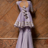 Lavender Cotton Indo Western Set With Gold Striped Peplum