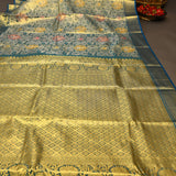 Grey And Peacock Blue Kanjivaram Silk Saree With Multicolor Floral Weave