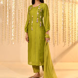 Lime Green Embroidered Mul Chanderi Kurta Set