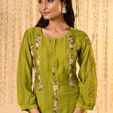 Lime Green Embroidered Mul Chanderi Kurta Set
