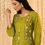 Lime Green Embroidered Mul Chanderi Kurta Set