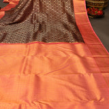 Exquisite Dark Brown And Pink Kanjivaram Silk Saree With Gold Zari Floral Weave