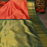 Pure Kanjivaram Silk Saree — Tomato Red With Peacock Green Zari Border & Peacock Motif Pallu