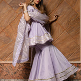 Lavender Cotton Indo Western Set With Gold Striped Peplum