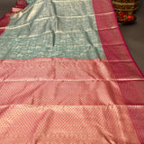 Pista Green And Pink Kanjivaram Silk Saree With Zari Paisley Border