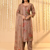 Earthy Brown Mul Chanderi Floral Kurta Set