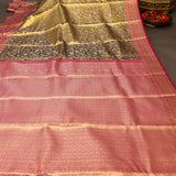 Olive Gold Kanjivaram Silk Saree With Pink Border And Gold Zari Floral Weave
