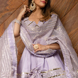Lavender Cotton Indo Western Set With Gold Striped Peplum