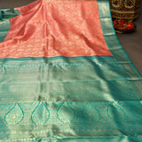 Peach Kanjivaram Silk Saree With Teal Peacock Zari Border