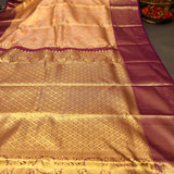 Peach Kanjivaram Silk Saree With Purple Border And Gold Zari Diamond Lattice Weave