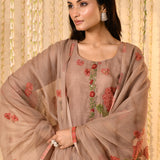 Earthy Brown Mul Chanderi Floral Kurta Set