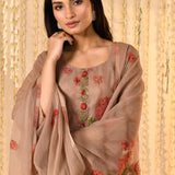 Earthy Brown Mul Chanderi Floral Kurta Set
