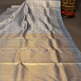 Grey-Gold Tissue Kanjivaram Silk Saree With Floral Rosette Zari Weave