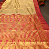 Beige Kanjivaram Silk Saree With Pink Border And Gold Zari Floral Weave