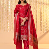 Dark Crimson Pink Floral Dupion Silk Kurta Set