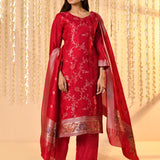 Dark Crimson Pink Floral Dupion Silk Kurta Set