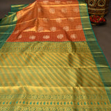 Pure Kanjivaram Silk Saree — Orange With Teal Contrast Border & Antique Gold Zari Pallu