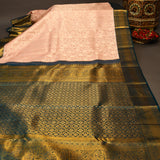 Pure Kanjivaram Silk Saree — Peach With Deep Teal Contrast Border & Heavy Gold Zari Paisley Pallu