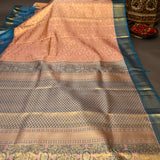 Peach Kanjivaram Silk Saree With Peacock Blue Bird Motif Border