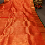 Red Kanjivaram Silk Saree With Gold Medallion Border And Green Edge