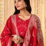 Dark Crimson Pink Floral Dupion Silk Kurta Set