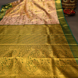 Blush Pink Kanjivaram Silk Saree With Teal Green Contrast Border And Gold Zari
