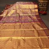 Gold Kanjivaram Silk Saree With Purple Contrast Border And Multicolour Floral Pallu
