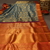 Pure Kanjivaram Silk Saree — Peacock Blue With Maroon Contrast Border & Gold Zari Floral Pallu