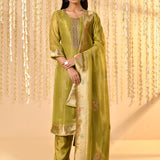 Shiny Mehendi Green Tissue Kurta Set