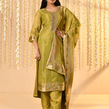 Shiny Mehendi Green Tissue Kurta Set