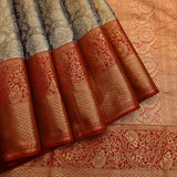 Regal Dark Blue & Deep Red Handwoven Kanjivaram Silk Saree With Traditional Shikargah Motifs