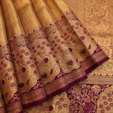Gold Kanjivaram Silk Saree With Peacock Motif Border And Wine Pallu