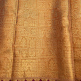 Gold Kanjivaram Silk Saree With Peacock Motif Border And Wine Pallu